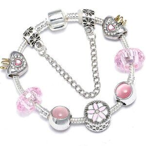 Pink crystal crown beaded pendant for women, girlfriend bracelet
